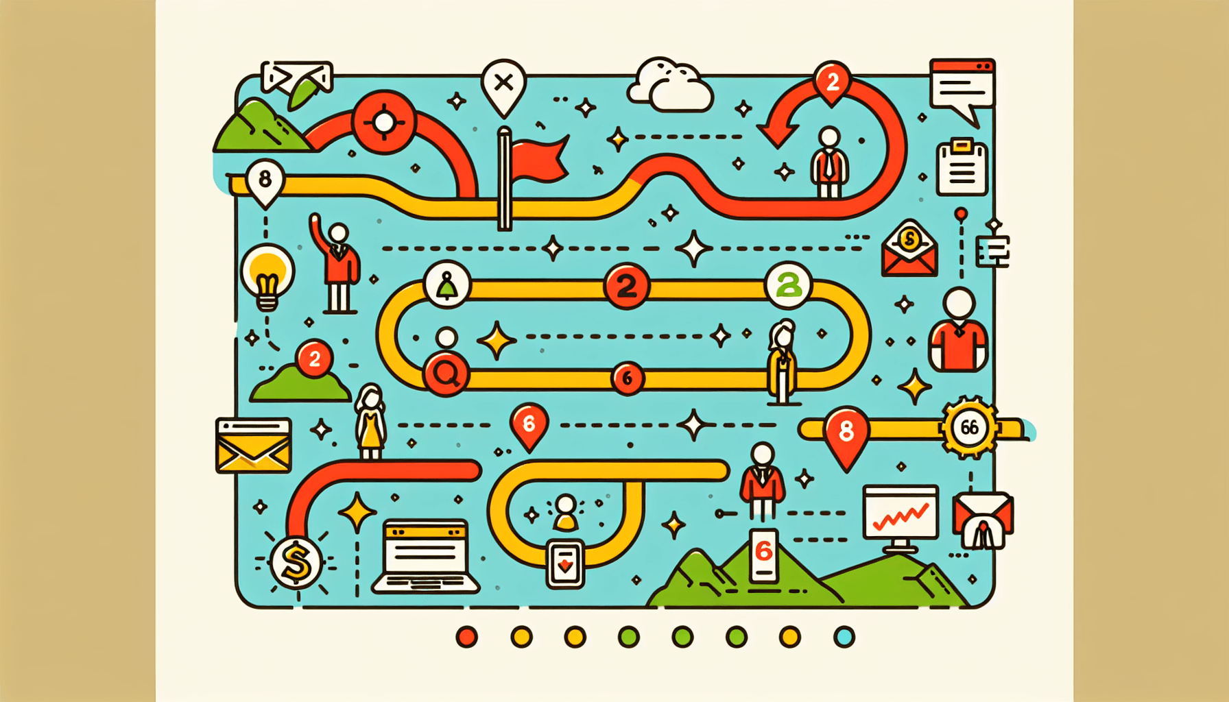 Customer journey -> Roadmap in flat illustration style and white background, red #f47574, green #88c7a8, yellow #fcc44b, and blue #645bc8 colors.