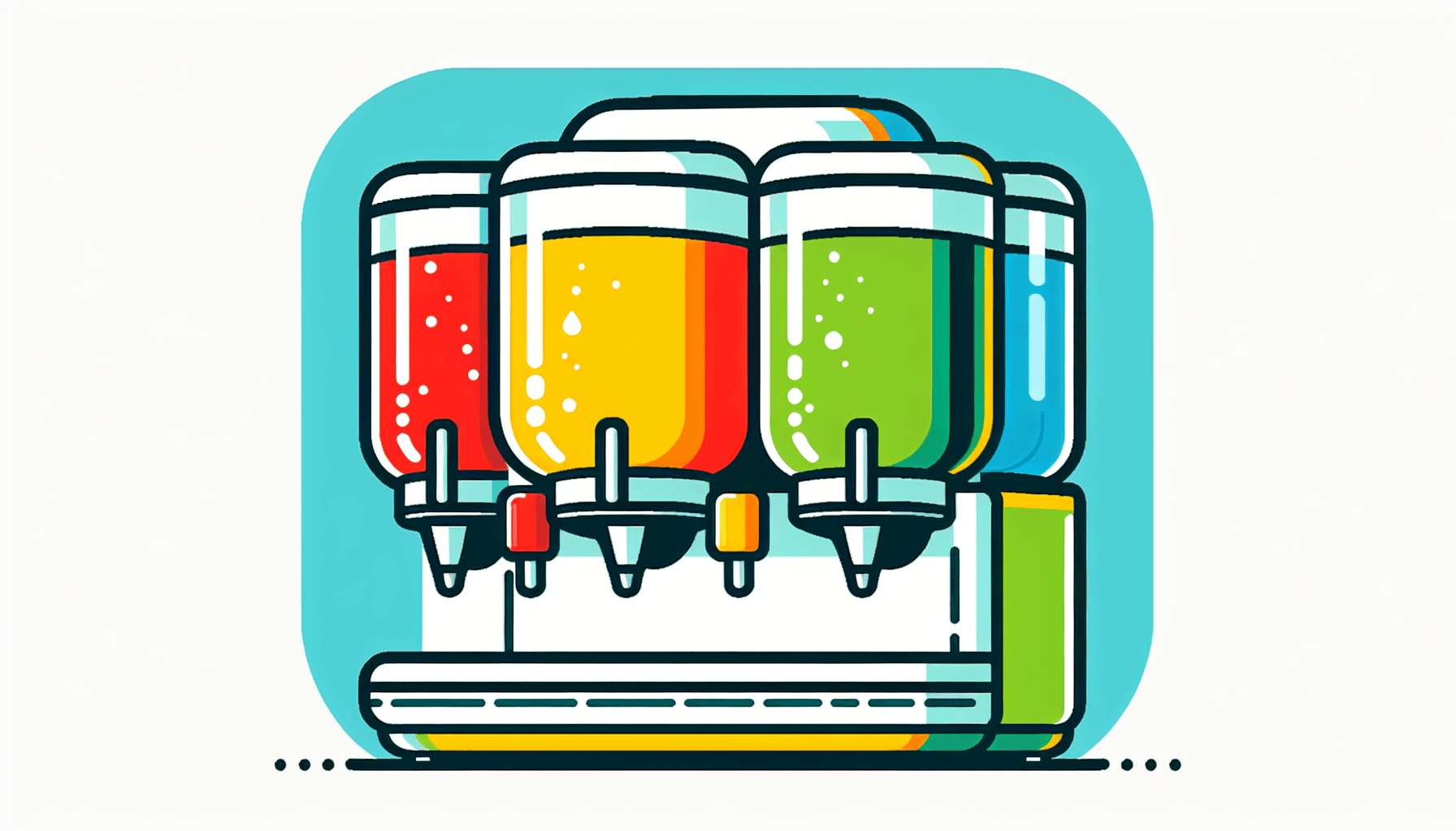 Beverages -> Drink dispenser in flat illustration style and white background, red #f47574, green #88c7a8, yellow #fcc44b, and blue #645bc8 colors.