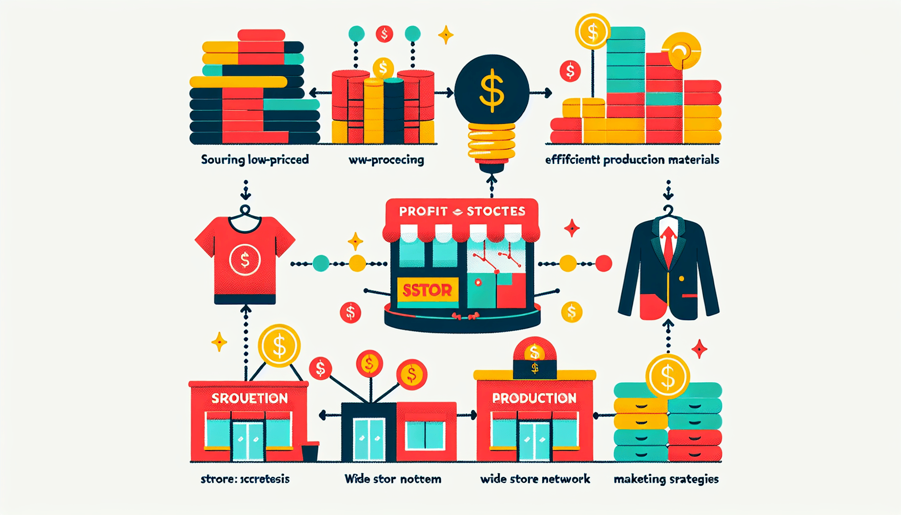 How does Primark make a profit? in flat illustration style and white background, red #f47574, green #88c7a8, yellow #fcc44b, and blue #645bc8 colors.
