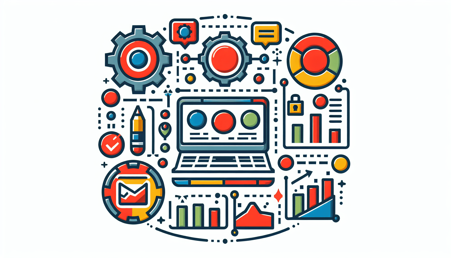 Content marketing in flat illustration style and white background, red #f47574, green #88c7a8, yellow #fcc44b, and blue #645bc8 colors.