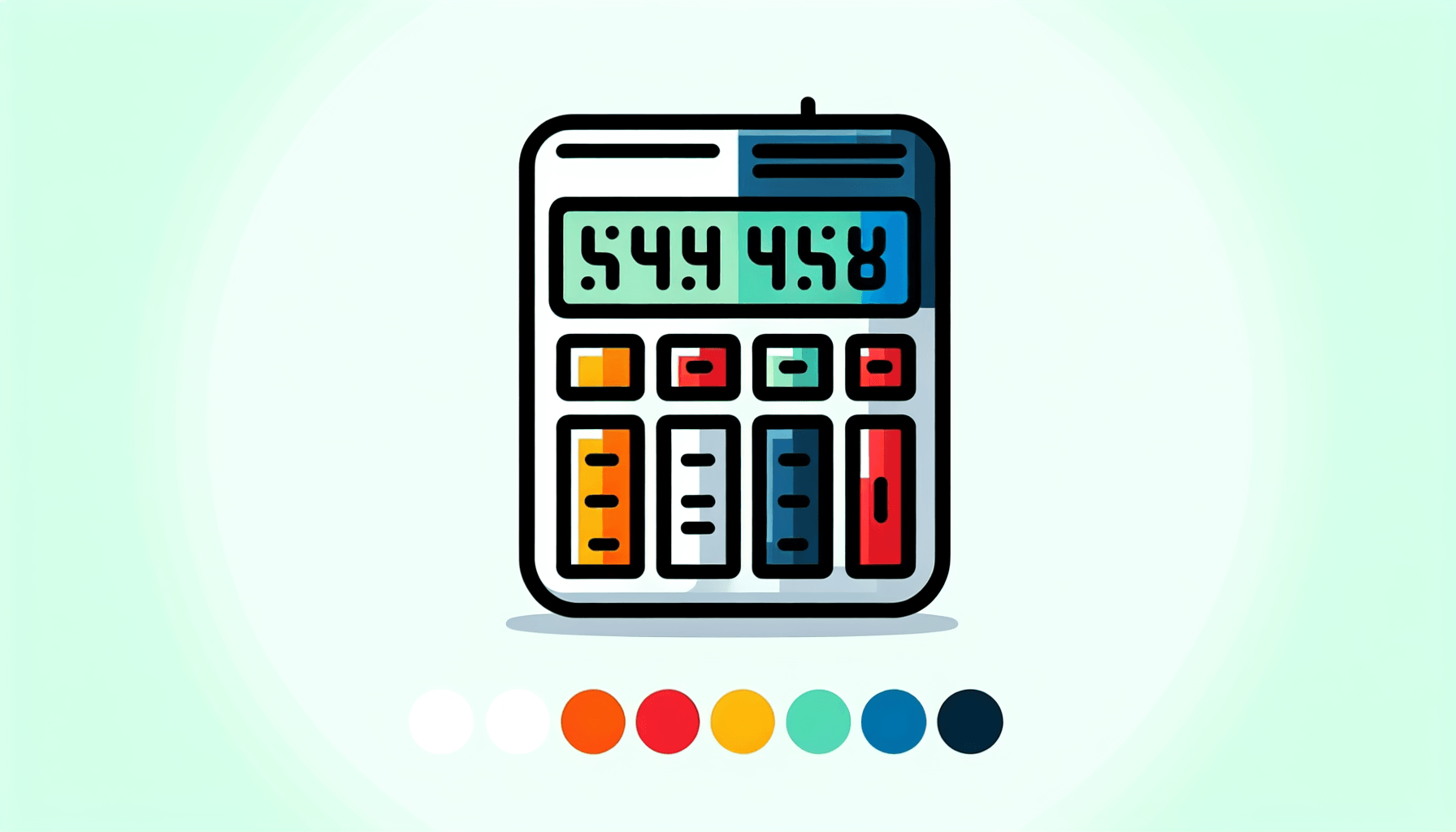 Calculator in flat illustration style and white background, red #f47574, green #88c7a8, yellow #fcc44b, and blue #645bc8 colors.