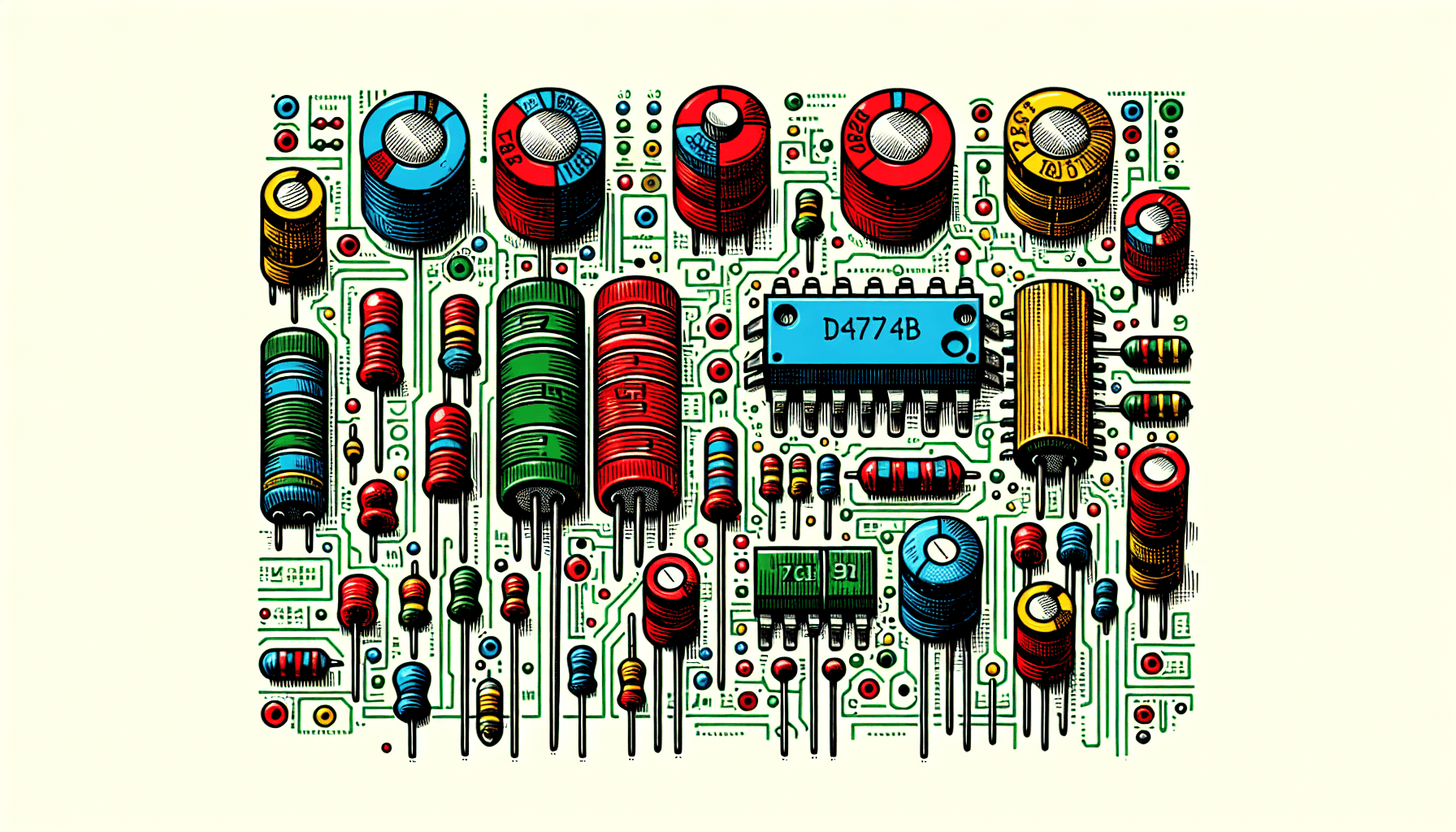 Electronics -> Circuit board in flat illustration style and white background, red #f47574, green #88c7a8, yellow #fcc44b, and blue #645bc8 colors.