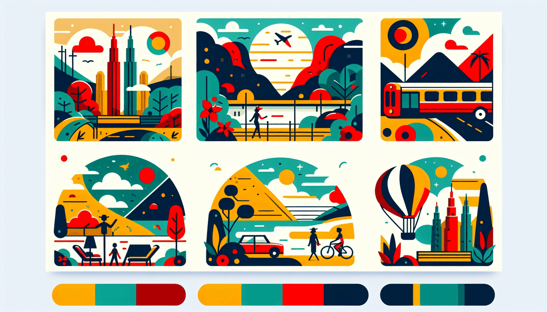 Portfolio in flat illustration style and white background, red #f47574, green #88c7a8, yellow #fcc44b, and blue #645bc8 colors.