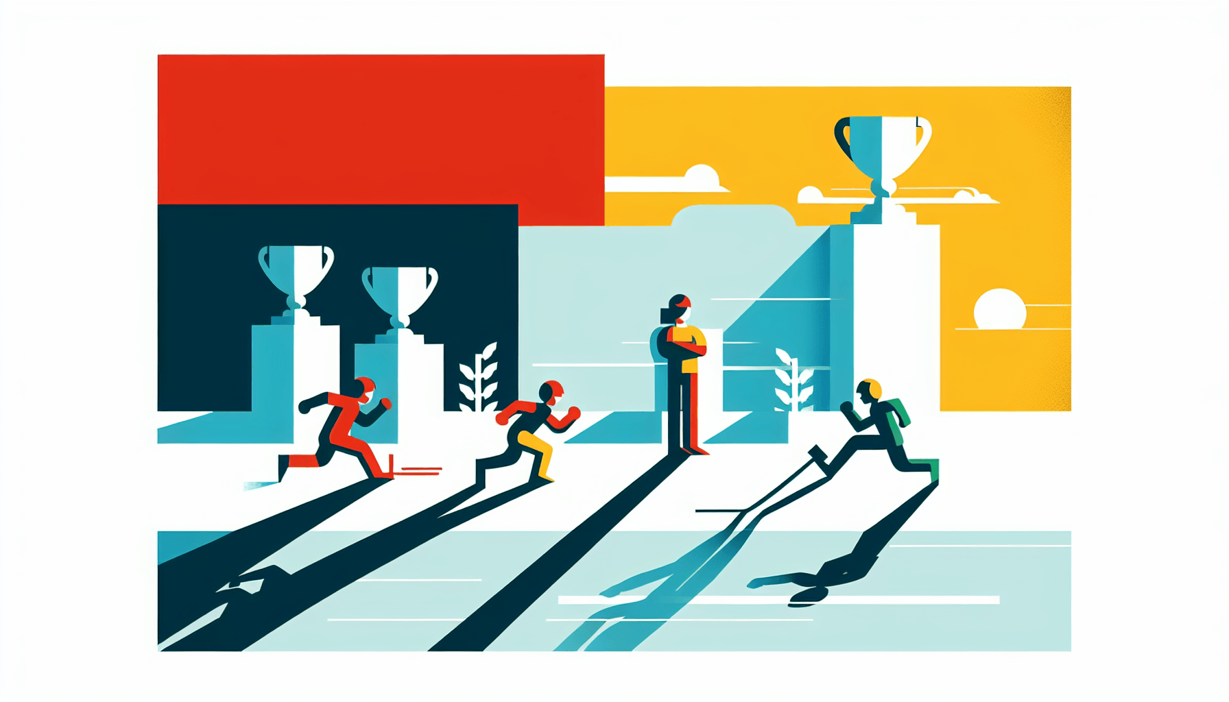 Competitor -> Shadow in flat illustration style and white background, red #f47574, green #88c7a8, yellow #fcc44b, and blue #645bc8 colors.