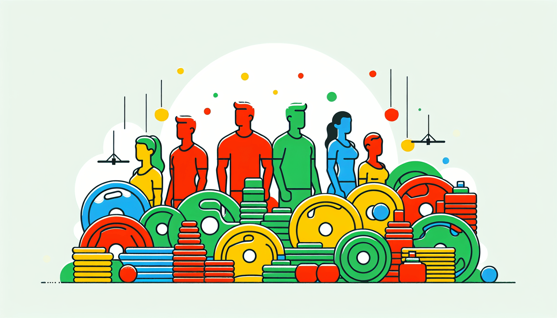 Gym community -> Weights in flat illustration style and white background, red #f47574, green #88c7a8, yellow #fcc44b, and blue #645bc8 colors.