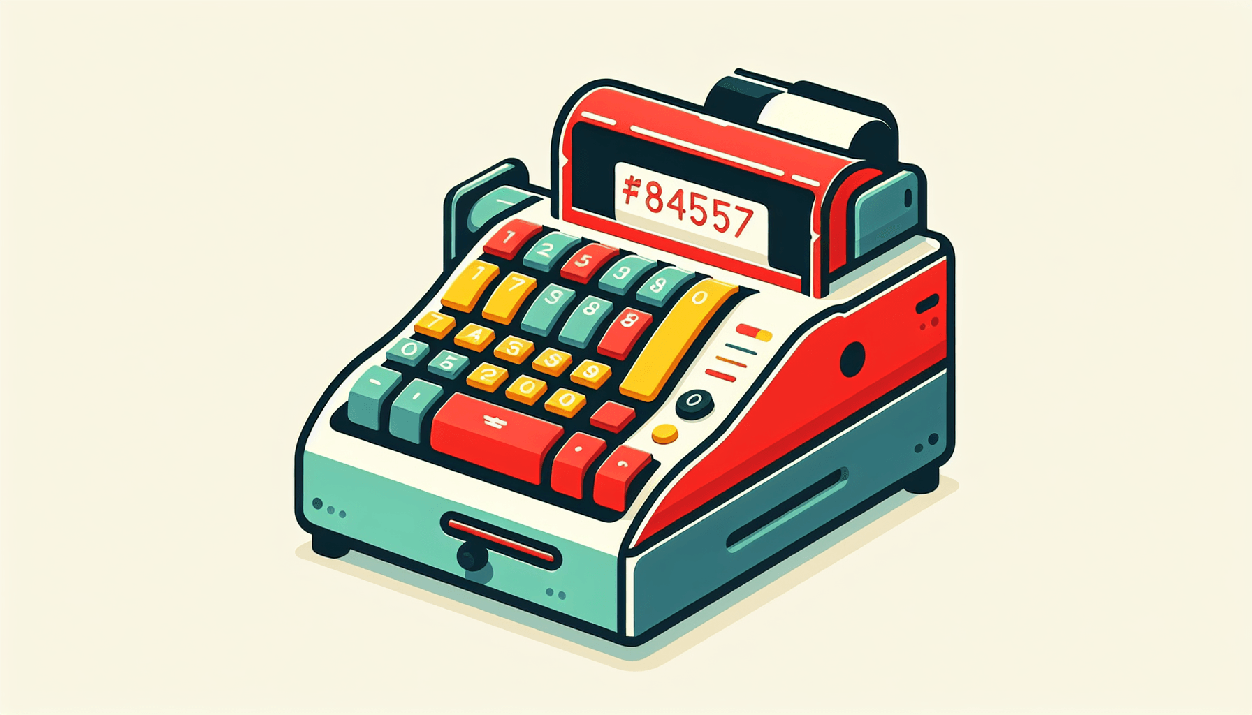 Zara Business Automation -> Cash register in flat illustration style and white background, red #f47574, green #88c7a8, yellow #fcc44b, and blue #645bc8 colors.