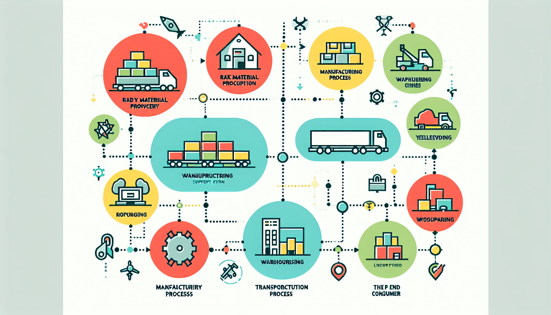 Primark Business -> Supply chain in flat illustration style and white background, red #f47574, green #88c7a8, yellow #fcc44b, and blue #645bc8 colors.