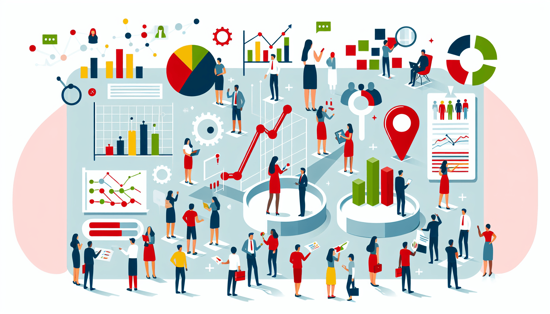 Market analysis in flat illustration style and white background, red #f47574, green #88c7a8, yellow #fcc44b, and blue #645bc8 colors.