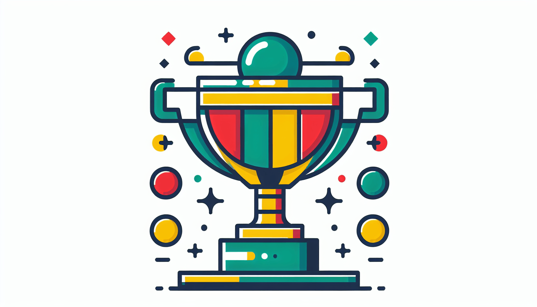 Best AI -> Trophy in flat illustration style and white background, red #f47574, green #88c7a8, yellow #fcc44b, and blue #645bc8 colors.