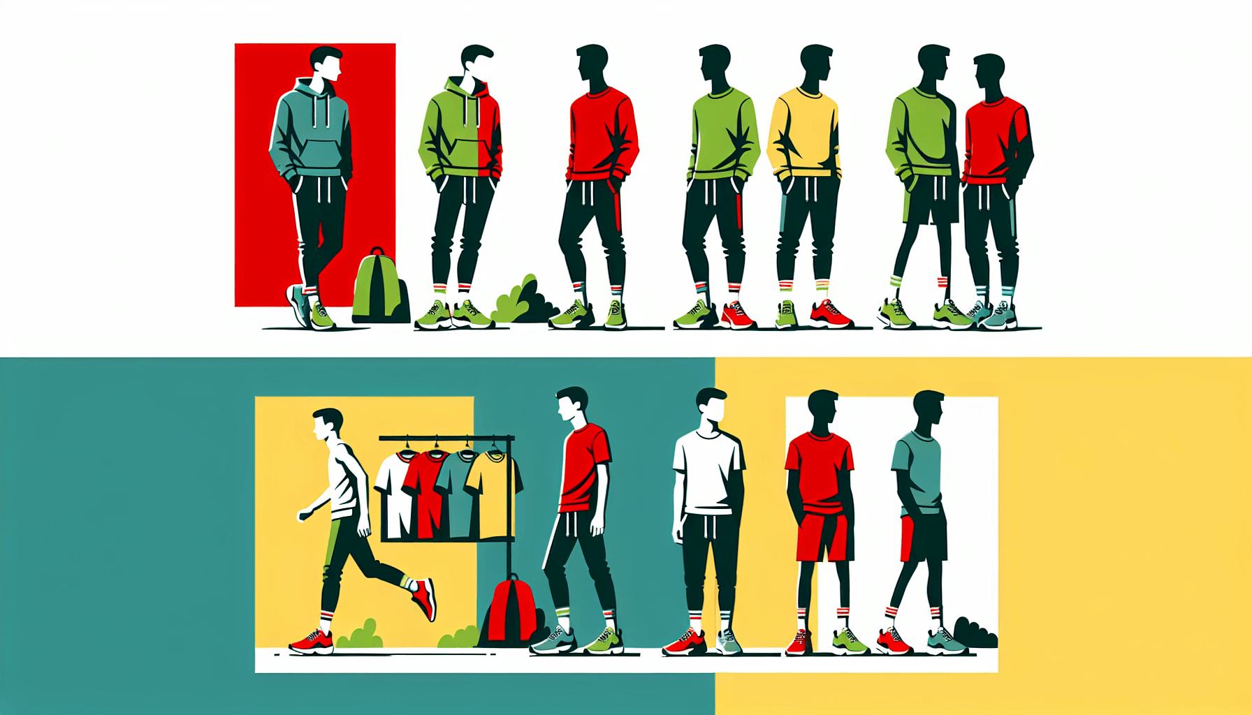 Nike sub brand target audience -> Young adults in flat illustration style and white background, red #f47574, green #88c7a8, yellow #fcc44b, and blue #645bc8 colors.