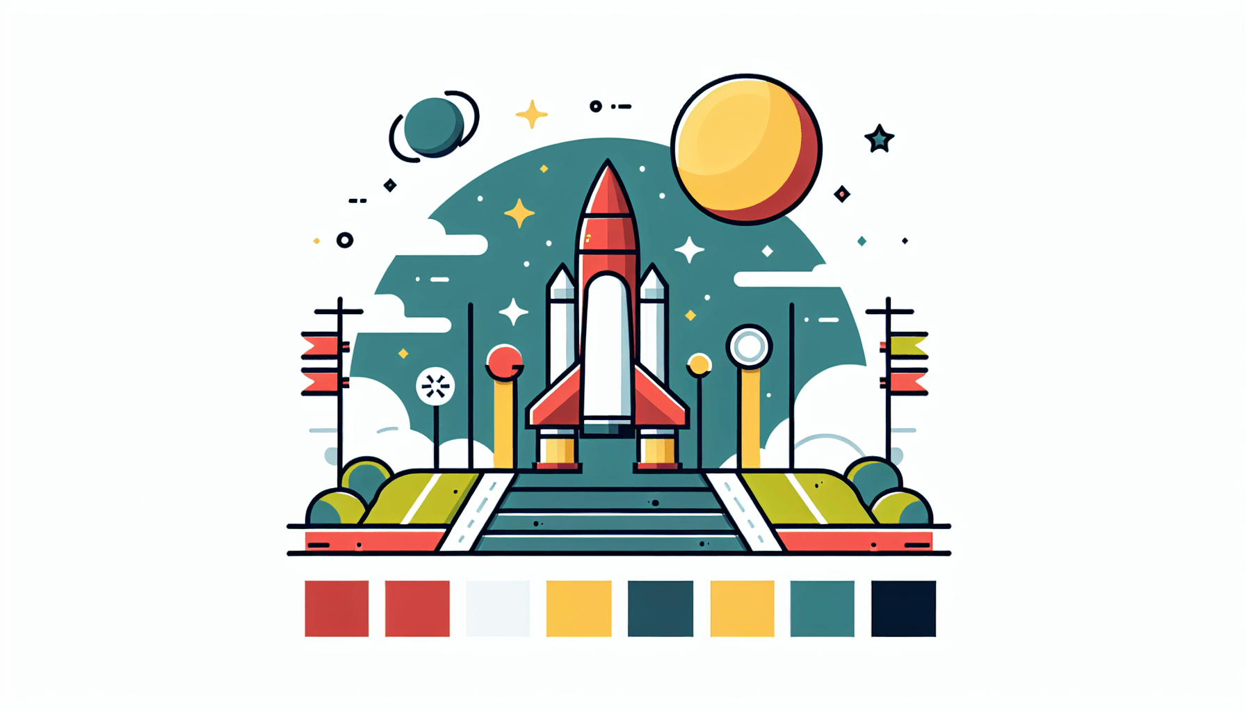 AI platforms -> Launch pad in flat illustration style and white background, red #f47574, green #88c7a8, yellow #fcc44b, and blue #645bc8 colors.