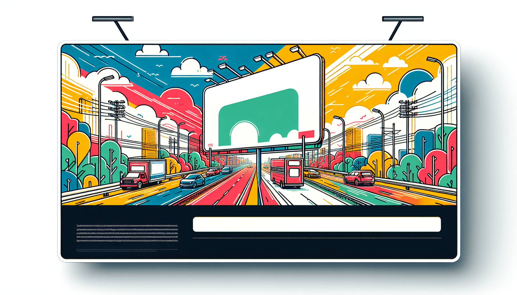 Advertising -> Billboard in flat illustration style and white background, red #f47574, green #88c7a8, yellow #fcc44b, and blue #645bc8 colors.