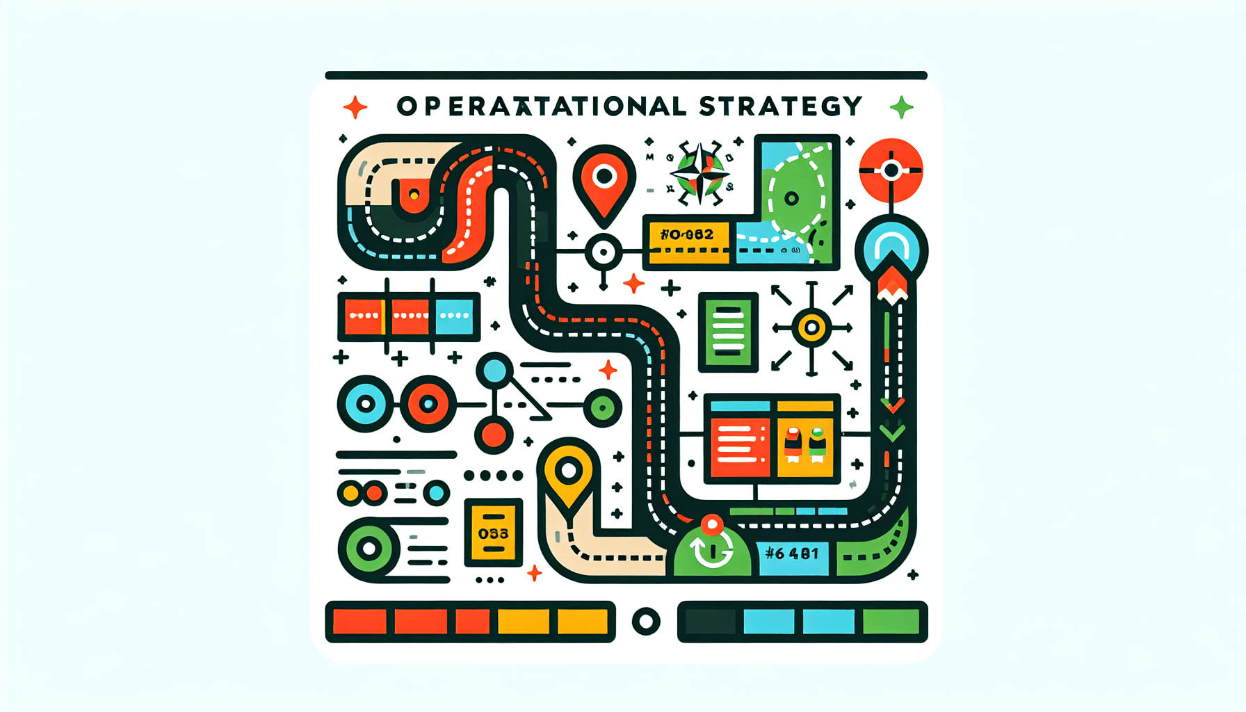 Operational strategy -> Roadmap in flat illustration style and white background, red #f47574, green #88c7a8, yellow #fcc44b, and blue #645bc8 colors.