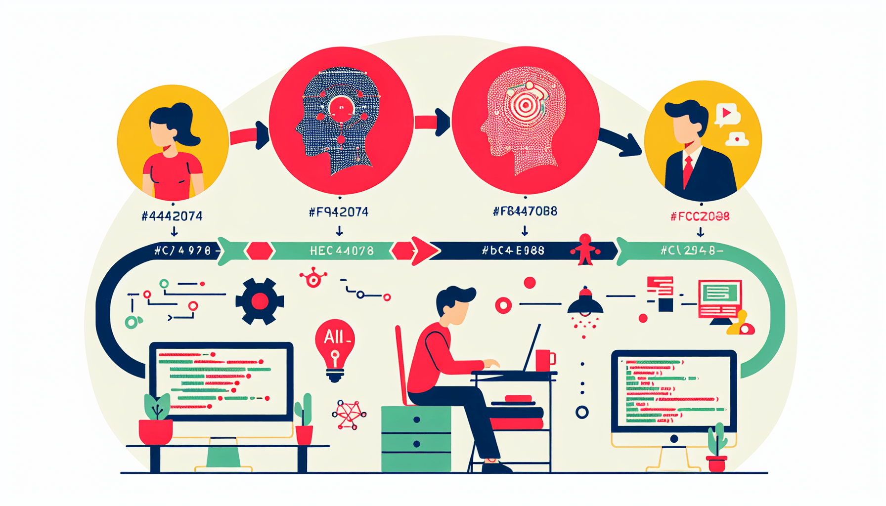 ¿Cómo convertirse en agente de IA? Ilustración plana con fondo blanco y colores: rojo #f47574, verde #88c7a8, amarillo #fcc44b y azul #645bc8.