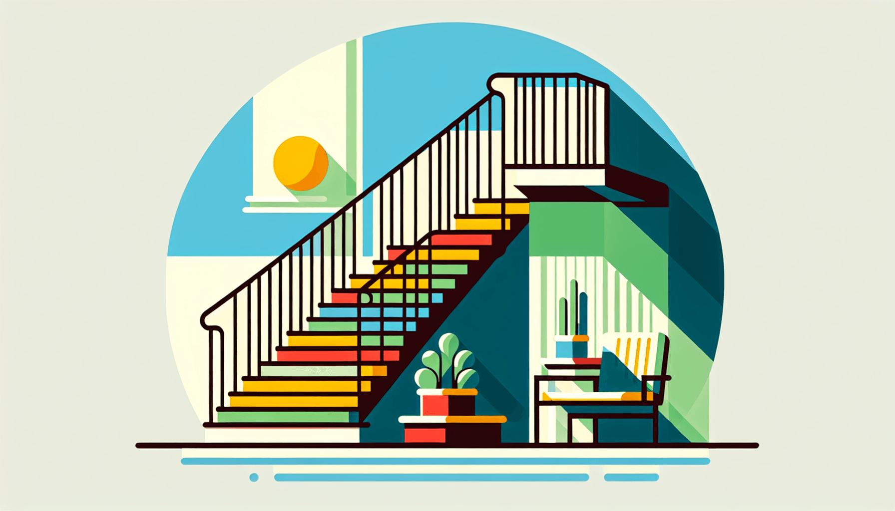 steps -> Staircase in flat illustration style and white background, red #f47574, green #88c7a8, yellow #fcc44b, and blue #645bc8 colors.