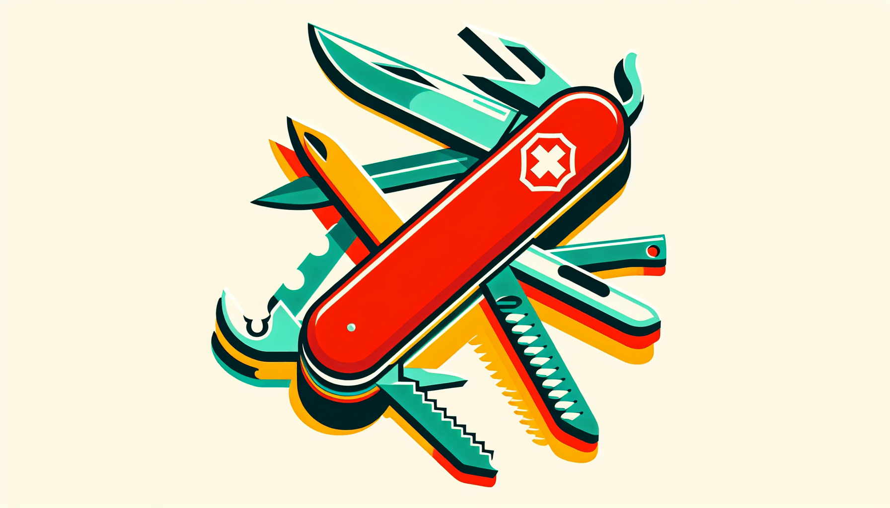 AI tools -> Swiss army knife in flat illustration style and white background, red #f47574, green #88c7a8, yellow #fcc44b, and blue #645bc8 colors.