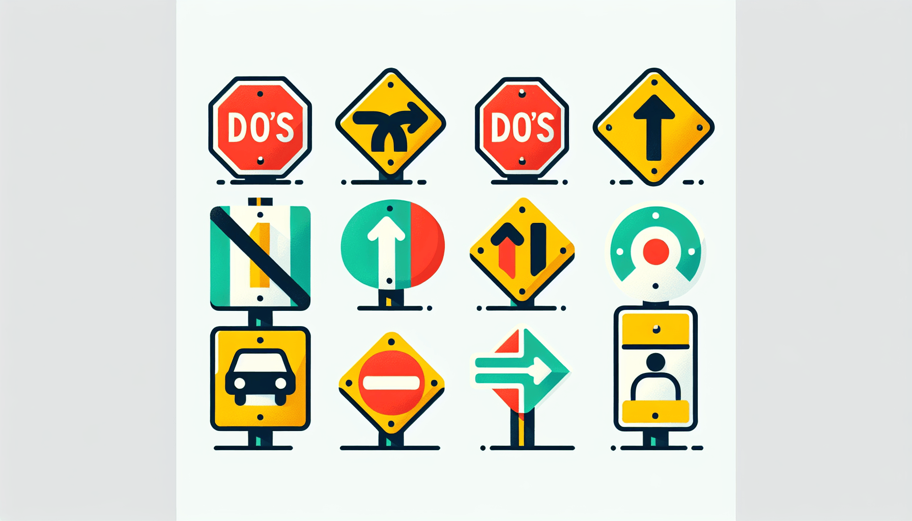 Do's and don'ts -> Road signs in flat illustration style and white background, red #f47574, green #88c7a8, yellow #fcc44b, and blue #645bc8 colors.