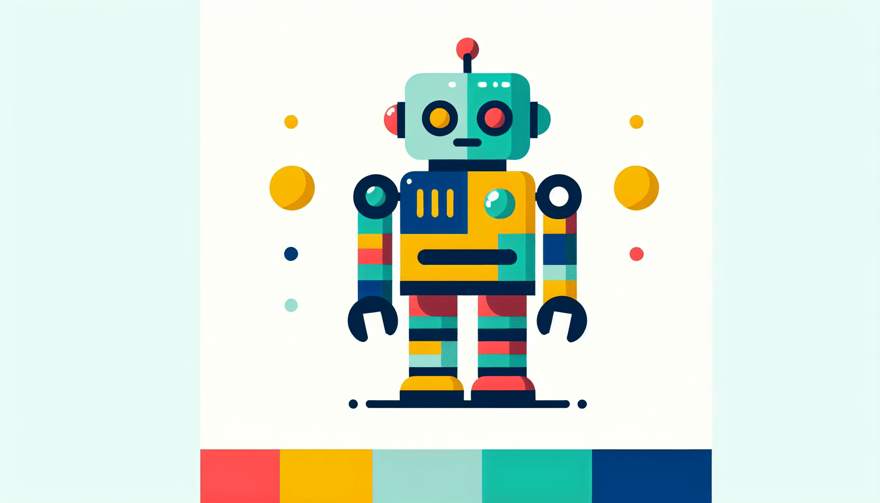 Process robot in flat illustration style and white background, red #f47574, green #88c7a8, yellow #fcc44b, and blue #645bc8 colors.