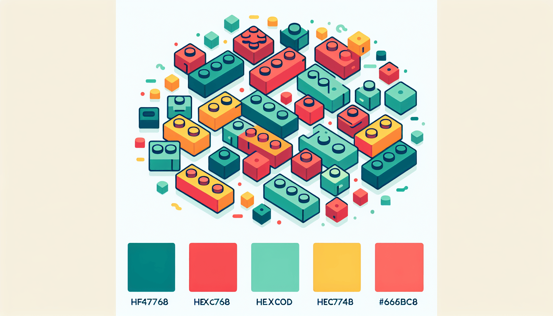 Building blocks in flat illustration style and white background, red #f47574, green #88c7a8, yellow #fcc44b, and blue #645bc8 colors.