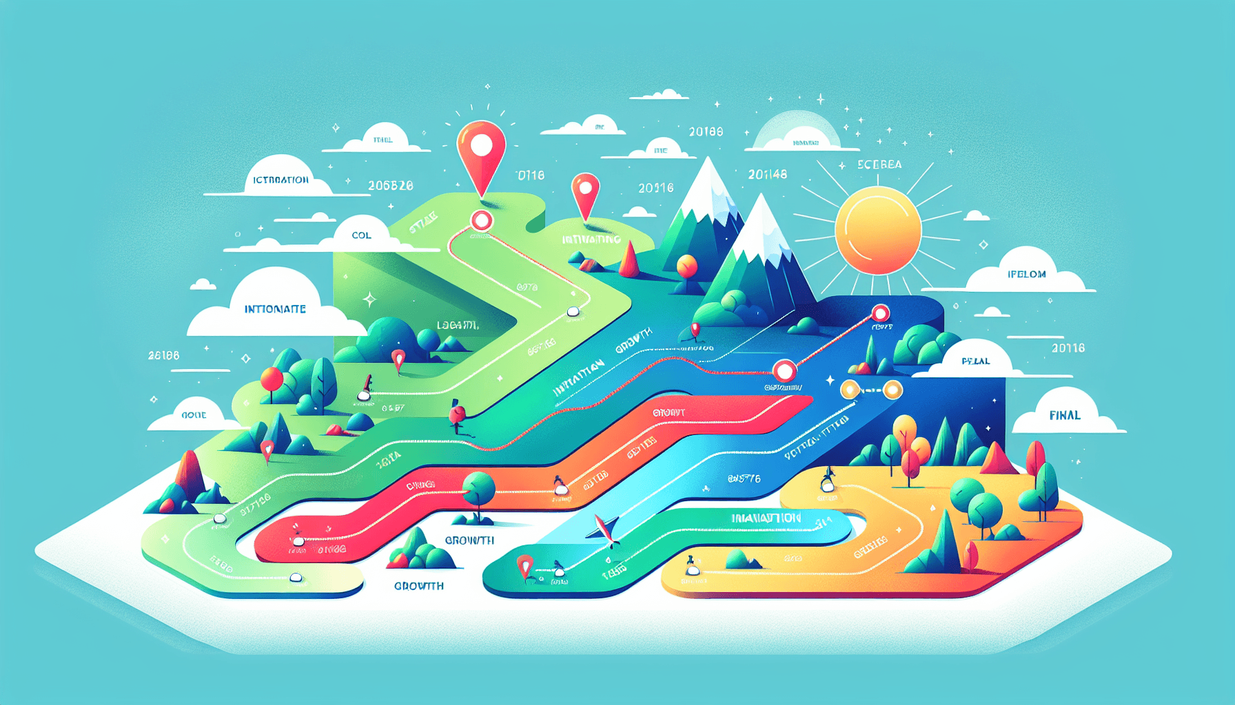 Future strategy -> Roadmap in flat illustration style and white background, red #f47574, green #88c7a8, yellow #fcc44b, and blue #645bc8 colors.