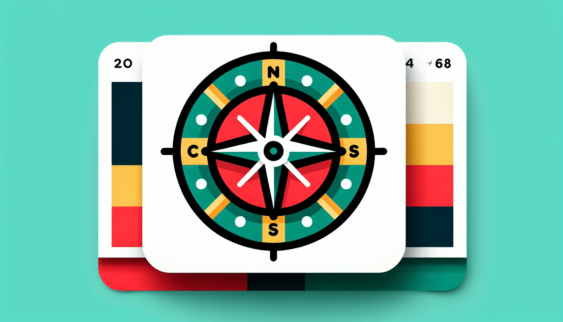 Mission statement -> Compass in flat illustration style and white background, red #f47574, green #88c7a8, yellow #fcc44b, and blue #645bc8 colors.