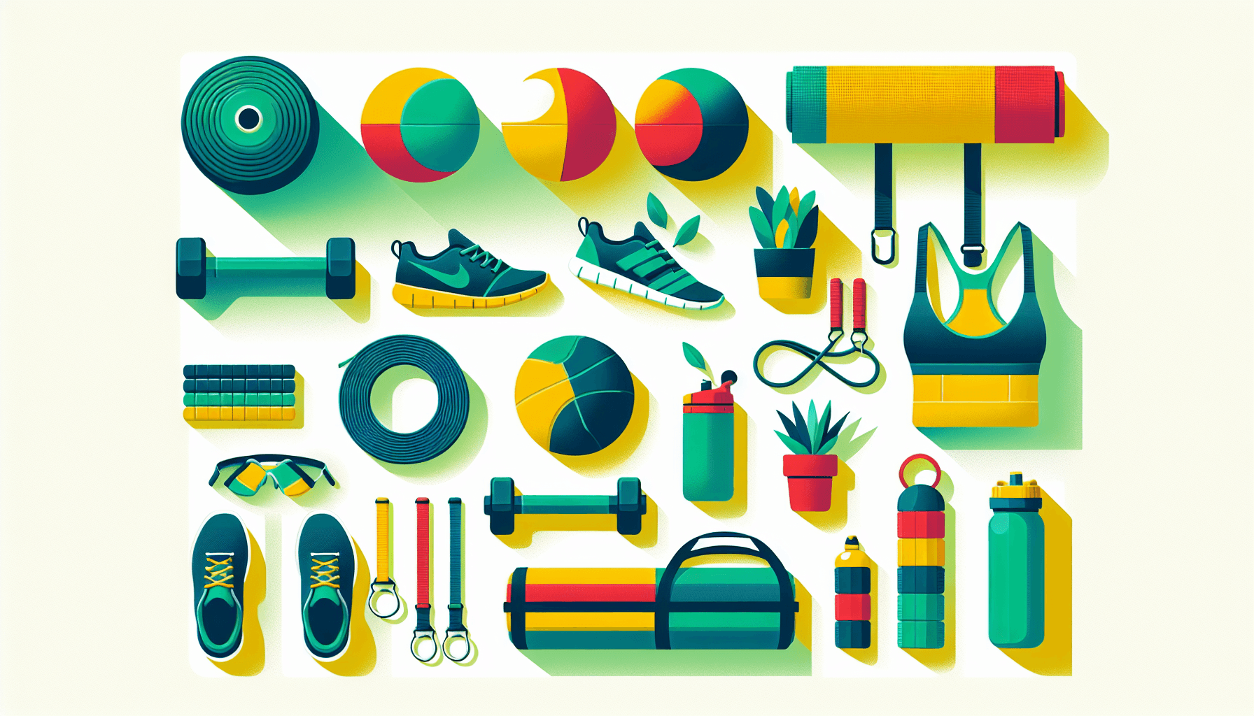 Activewear -> Fitness gear in flat illustration style and white background, red #f47574, green #88c7a8, yellow #fcc44b, and blue #645bc8 colors.