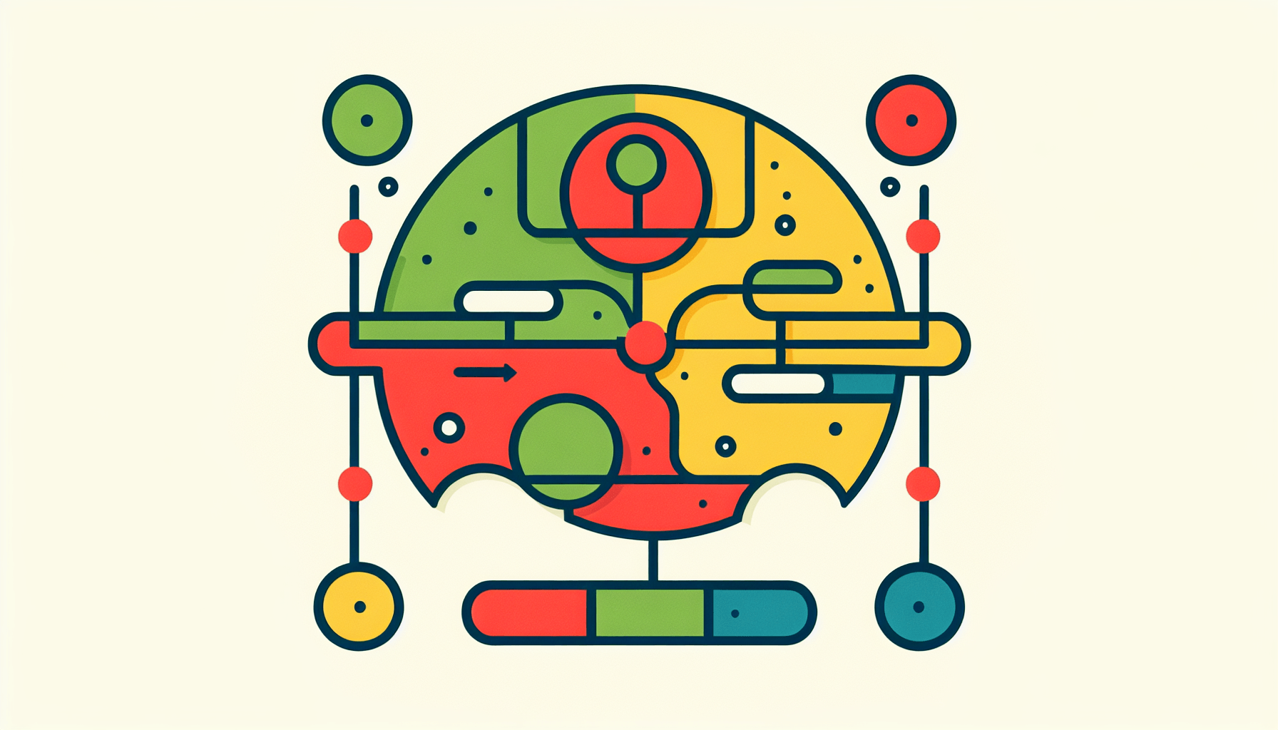 Diagram in flat illustration style and white background, red #f47574, green #88c7a8, yellow #fcc44b, and blue #645bc8 colors.