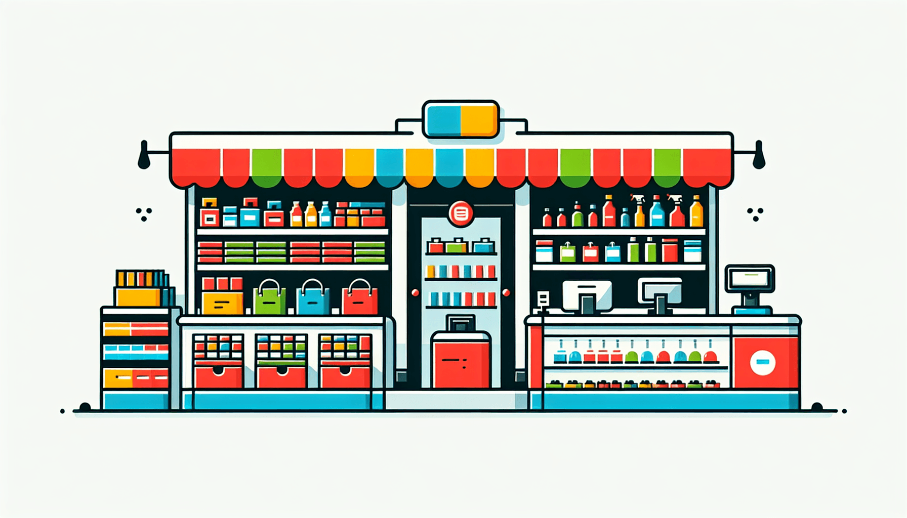 Primark Business -> Retail store in flat illustration style and white background, red #f47574, green #88c7a8, yellow #fcc44b, and blue #645bc8 colors.
