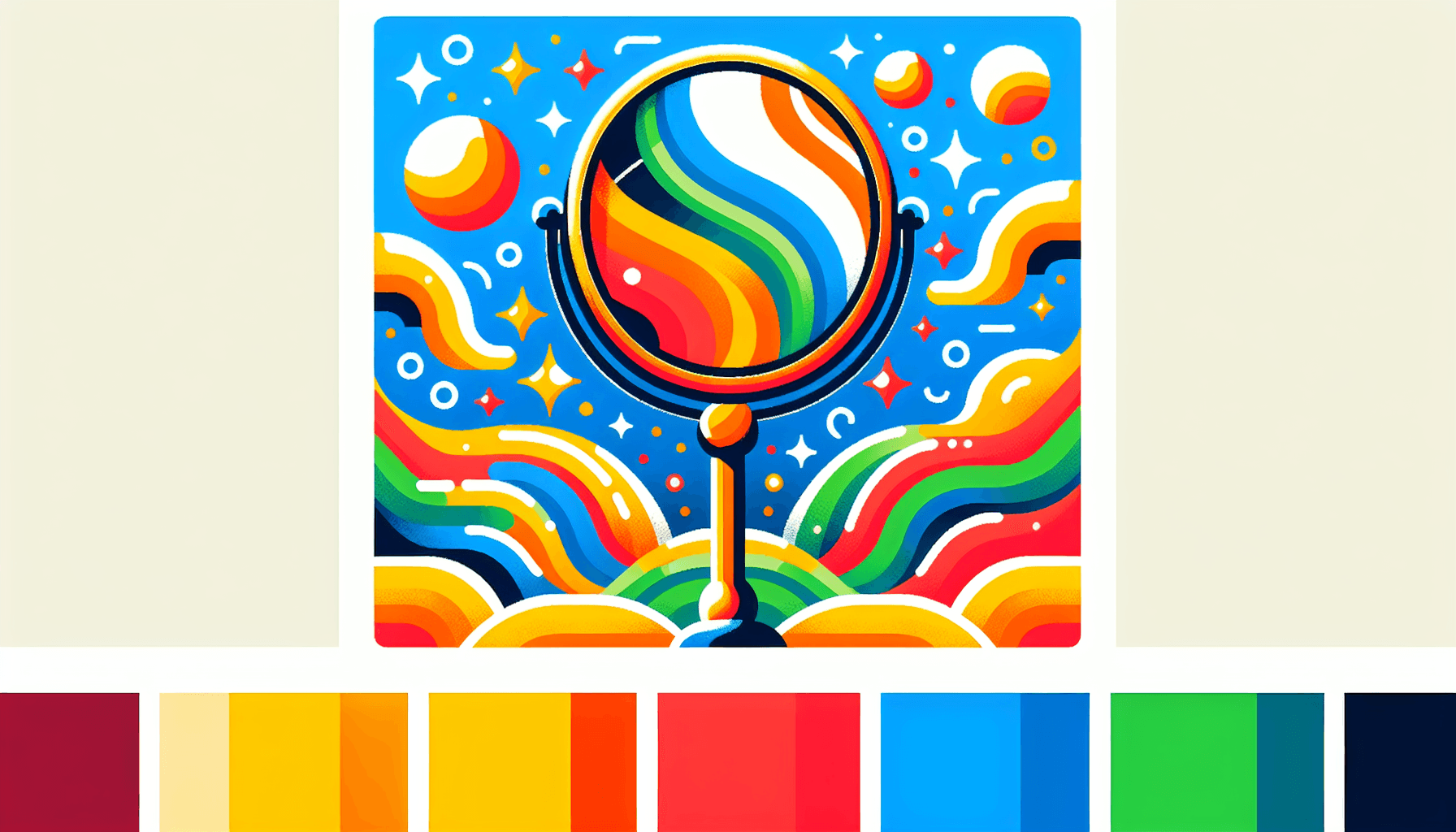 Conciencia -> Espejo en estilo de ilustración plana y fondo blanco, colores rojo #f47574, verde #88c7a8, amarillo #fcc44b y azul #645bc8.