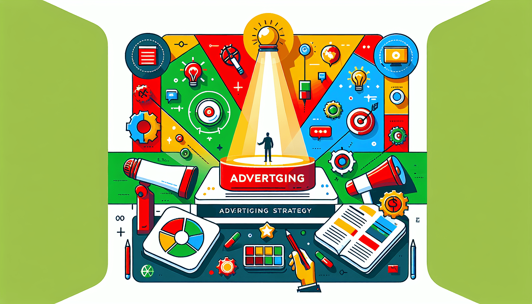 Advertising strategy -> Spotlight in flat illustration style and white background, red #f47574, green #88c7a8, yellow #fcc44b, and blue #645bc8 colors.