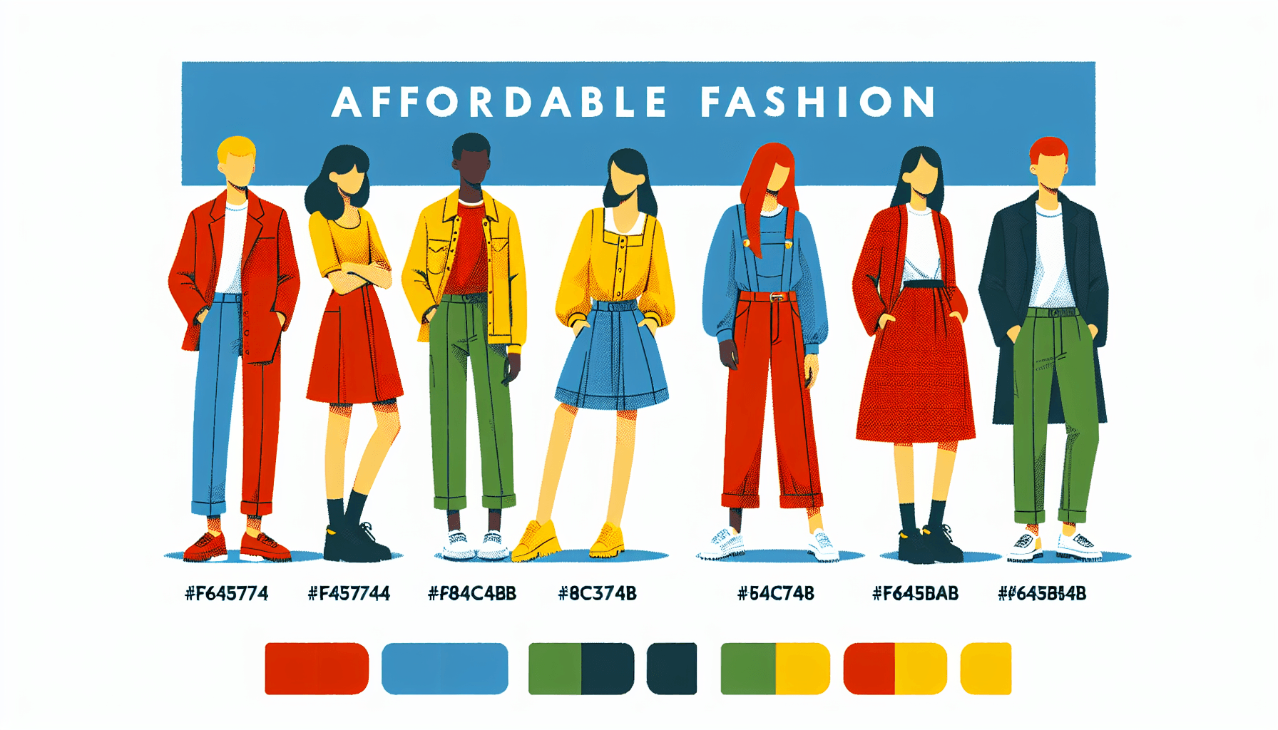 Affordable fashion in flat illustration style and white background, red #f47574, green #88c7a8, yellow #fcc44b, and blue #645bc8 colors.