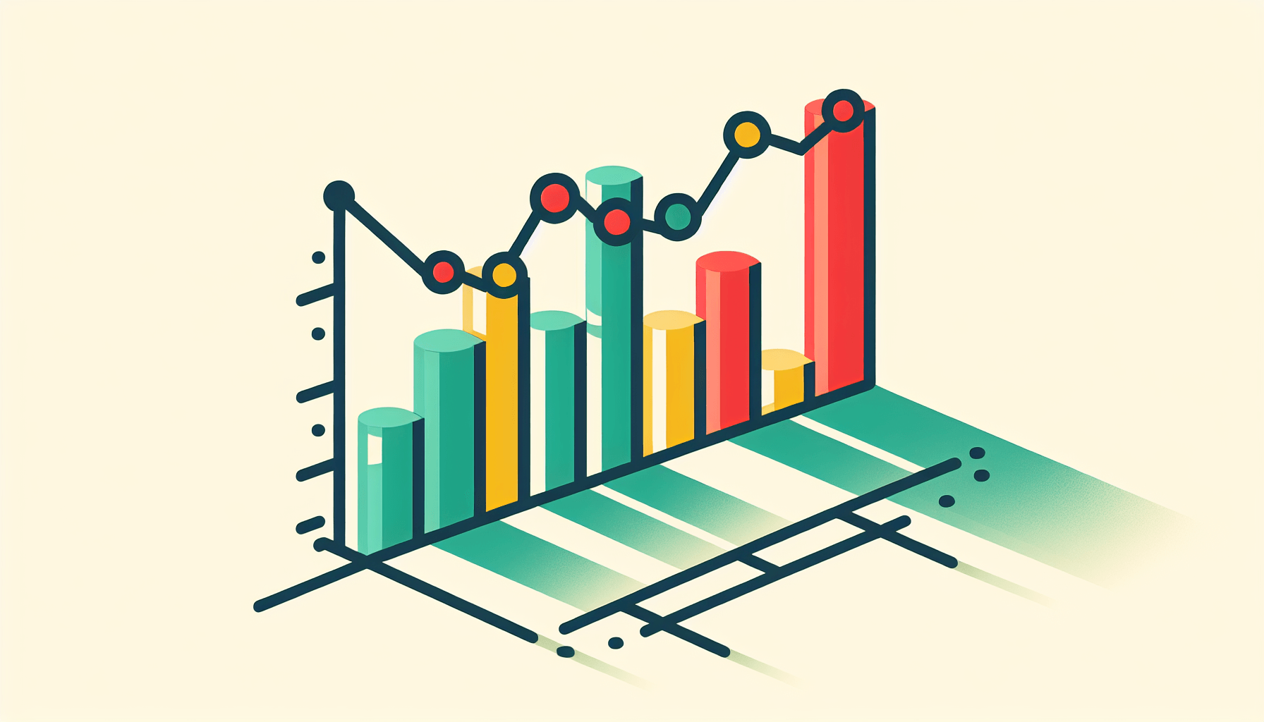 Analyst target -> Projection chart in flat illustration style and white background, red #f47574, green #88c7a8, yellow #fcc44b, and blue #645bc8 colors.