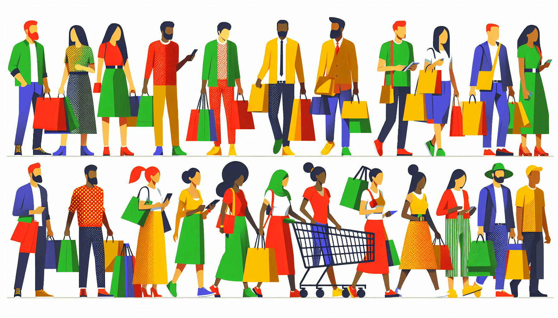 Customers -> Shoppers in flat illustration style and white background, red #f47574, green #88c7a8, yellow #fcc44b, and blue #645bc8 colors.