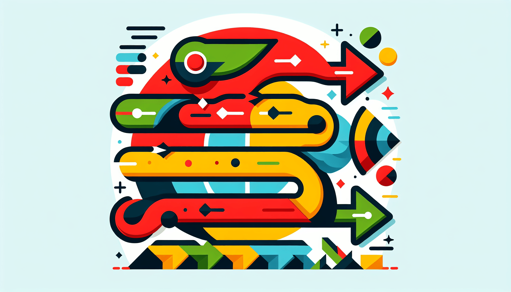 Competitive strategy -> Edge in flat illustration style and white background, red #f47574, green #88c7a8, yellow #fcc44b, and blue #645bc8 colors.