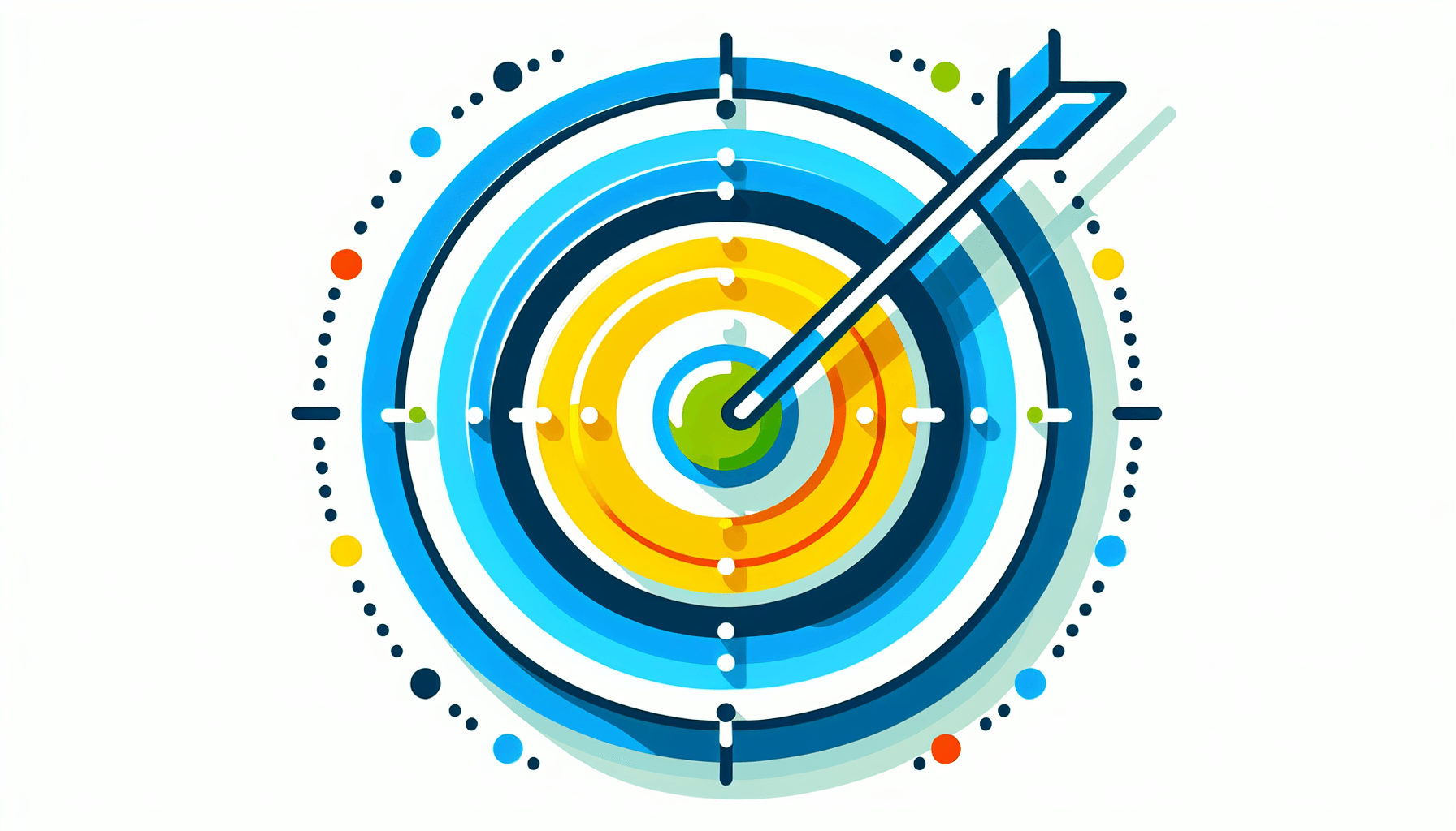 Main marketing strategy -> Bullseye in flat illustration style and white background, red #f47574, green #88c7a8, yellow #fcc44b, and blue #645bc8 colors.