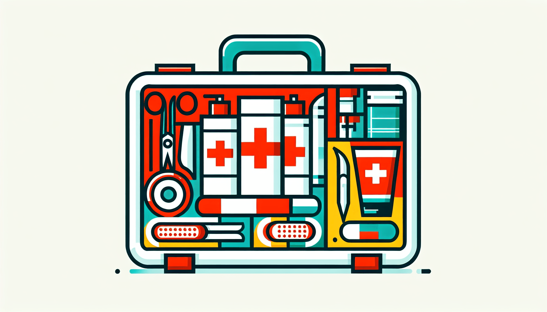 Homecare services -> First aid kit in flat illustration style and white background, red #f47574, green #88c7a8, yellow #fcc44b, and blue #645bc8 colors.