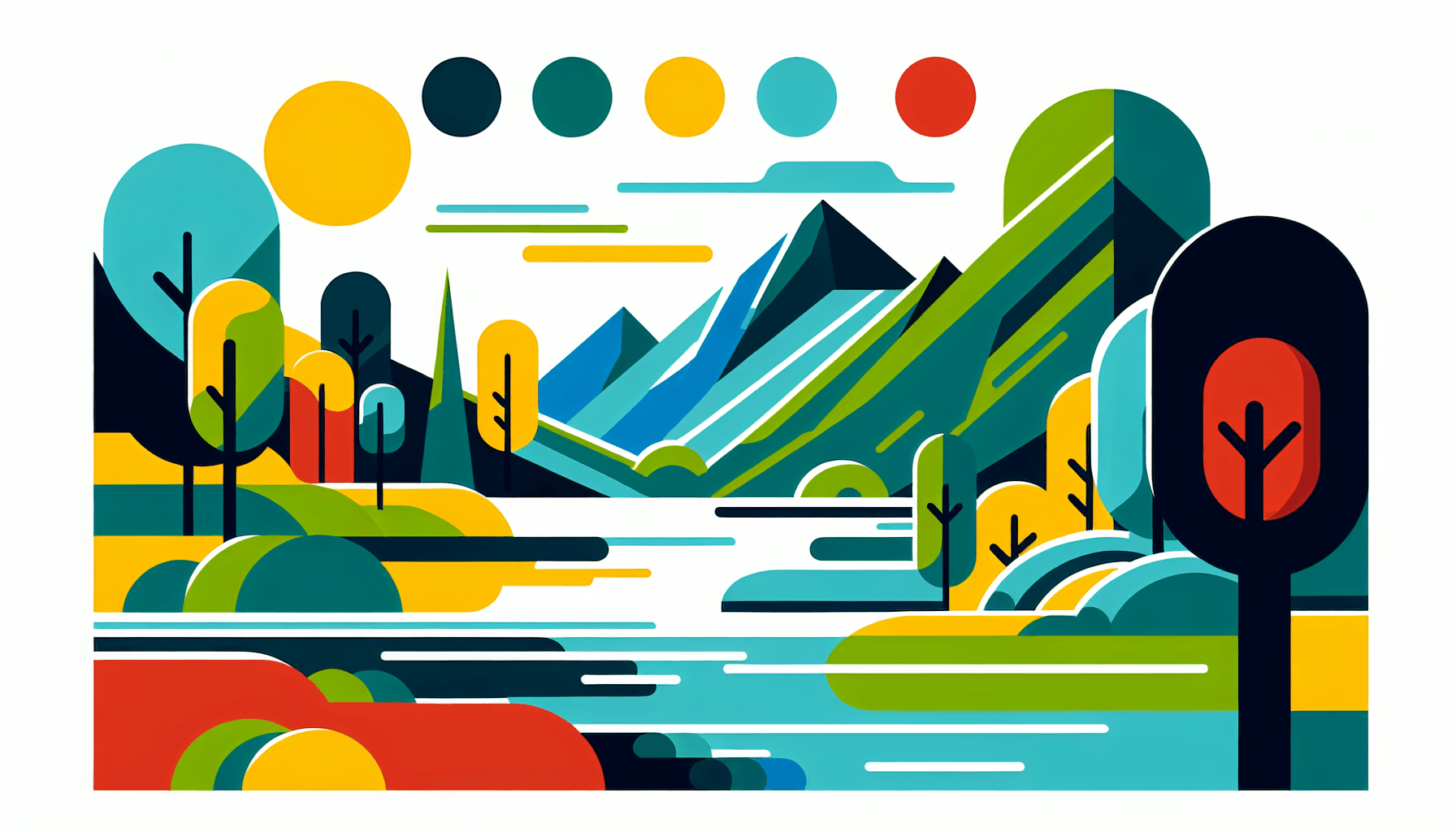Shopify market -> Landscape in flat illustration style and white background, red #f47574, green #88c7a8, yellow #fcc44b, and blue #645bc8 colors.