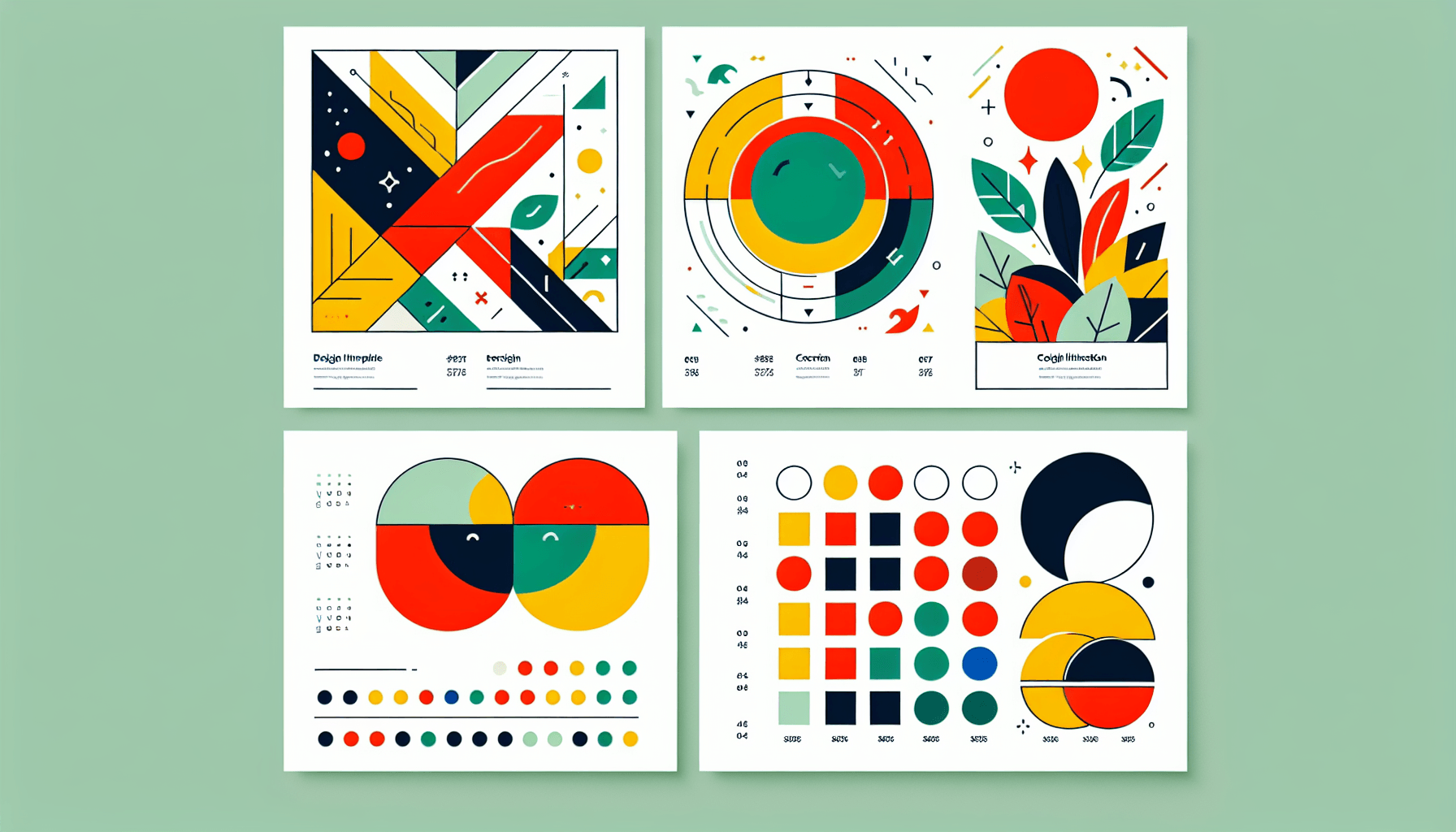 Design templates in flat illustration style and white background, red #f47574, green #88c7a8, yellow #fcc44b, and blue #645bc8 colors.