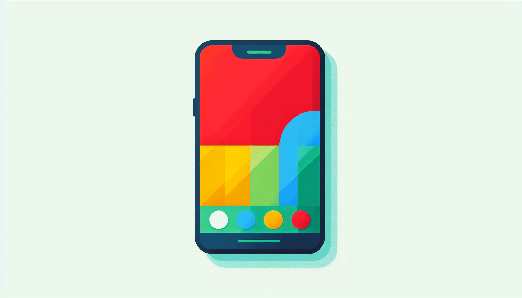 App development -> Smartphone in flat illustration style and white background, red #f47574, green #88c7a8, yellow #fcc44b, and blue #645bc8 colors.