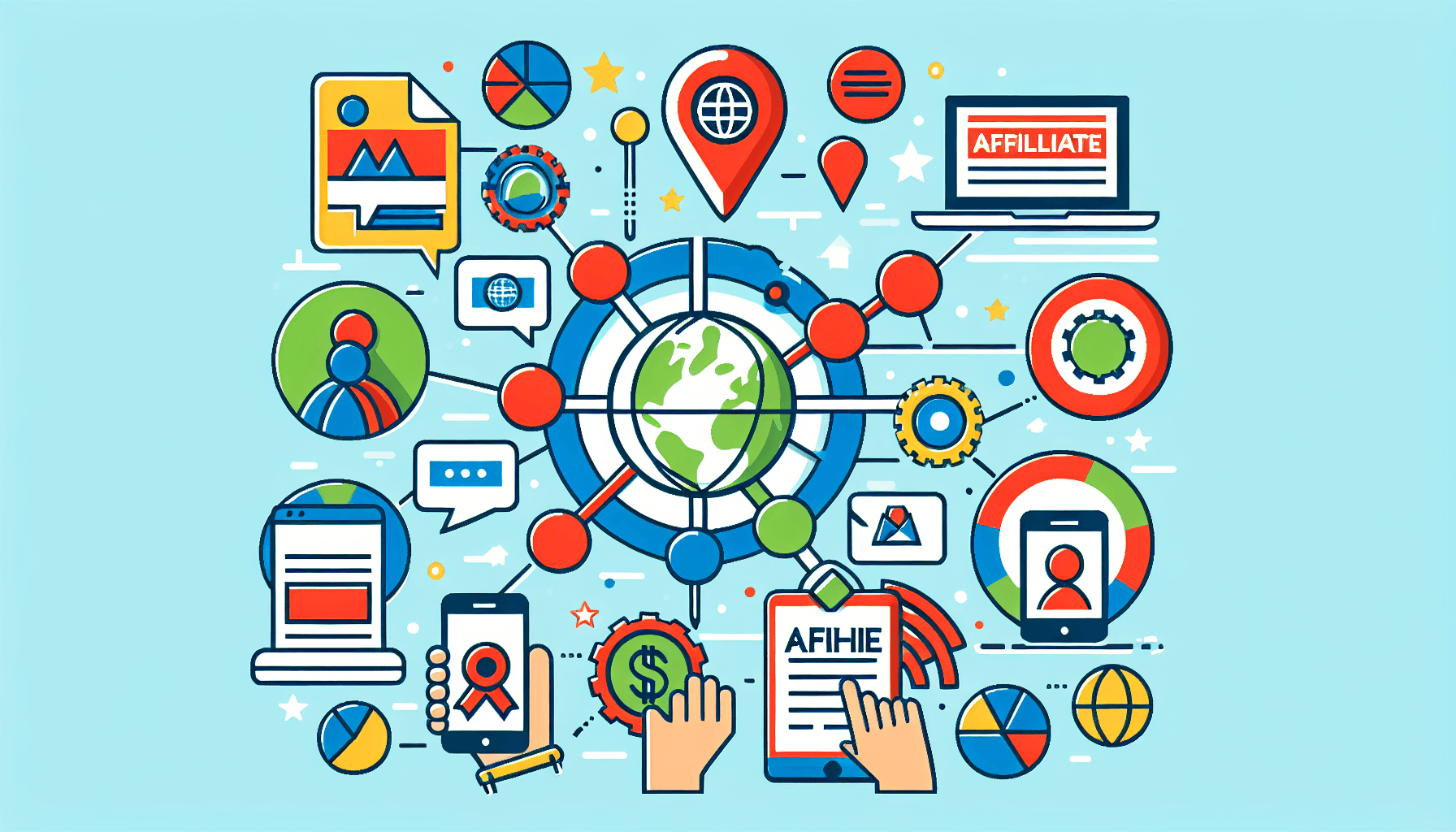 Affiliate marketing -> Link in flat illustration style and white background, red #f47574, green #88c7a8, yellow #fcc44b, and blue #645bc8 colors.
