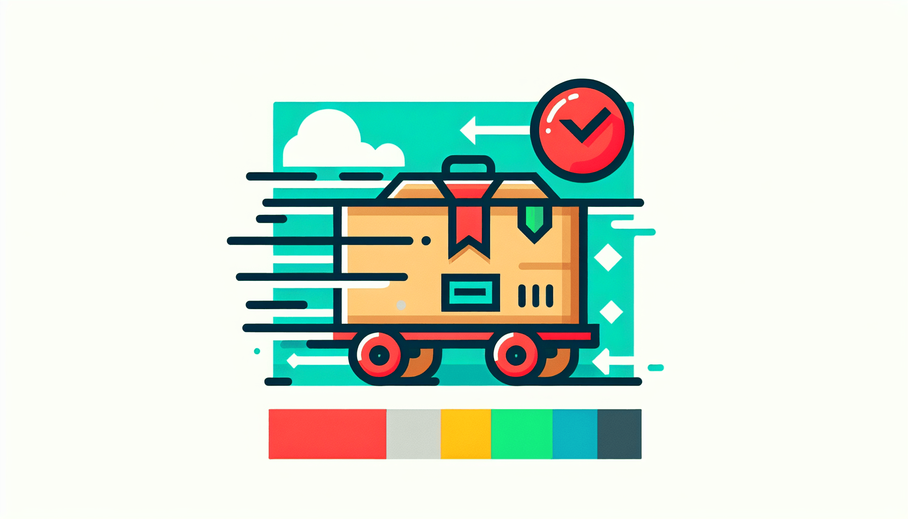 Delivery -> Package in flat illustration style and white background, red #f47574, green #88c7a8, yellow #fcc44b, and blue #645bc8 colors.