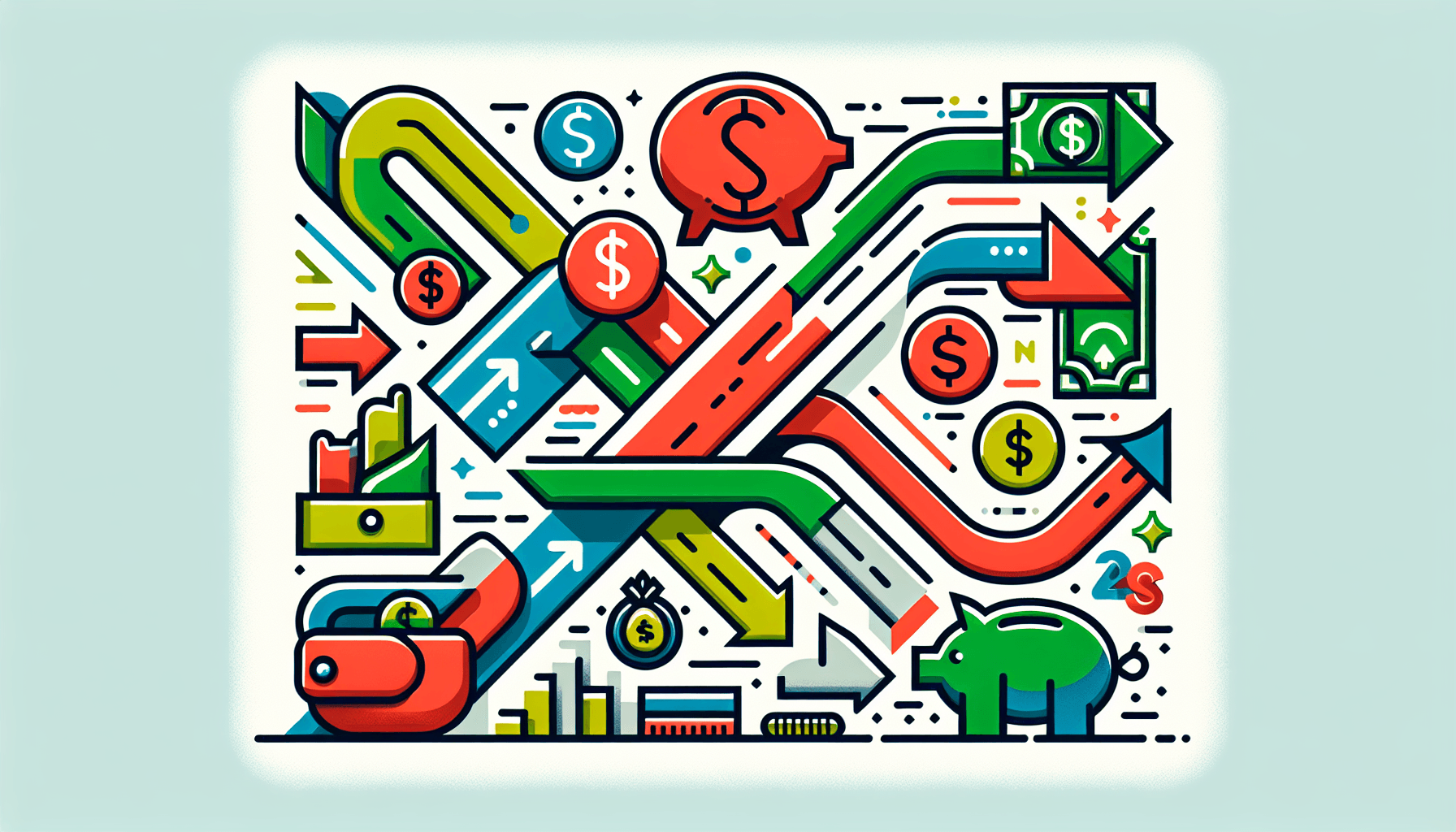 Daily income -> Cash flow in flat illustration style and white background, red #f47574, green #88c7a8, yellow #fcc44b, and blue #645bc8 colors.