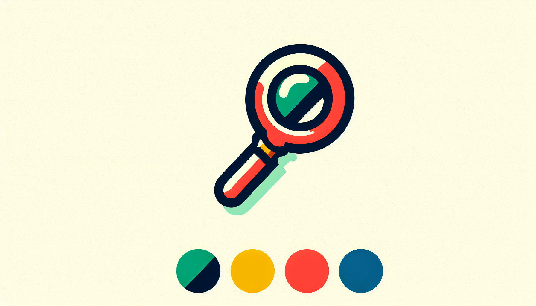 Analytics -> Magnifying glass in flat illustration style and white background, red #f47574, green #88c7a8, yellow #fcc44b, and blue #645bc8 colors.