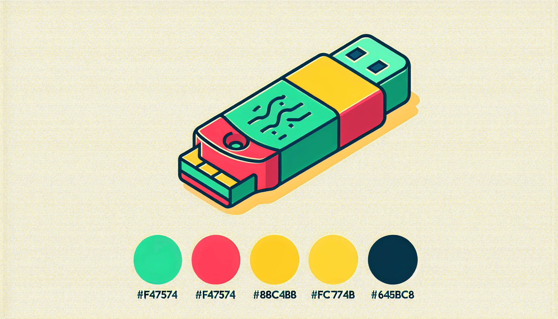 Digital products -> USB drive in flat illustration style and white background, red #f47574, green #88c7a8, yellow #fcc44b, and blue #645bc8 colors.