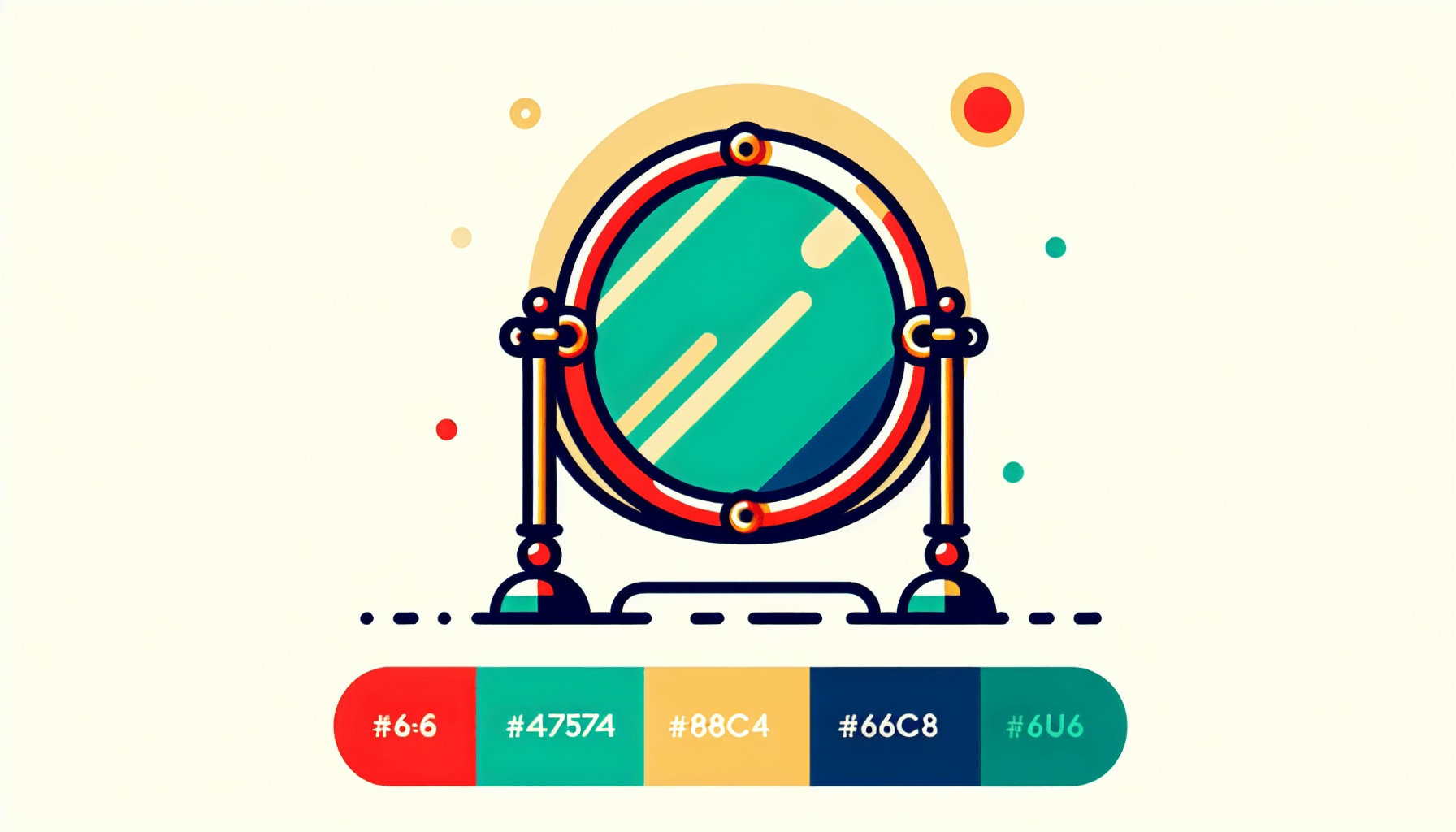 Beauty -> Mirror in flat illustration style and white background, red #f47574, green #88c7a8, yellow #fcc44b, and blue #645bc8 colors.