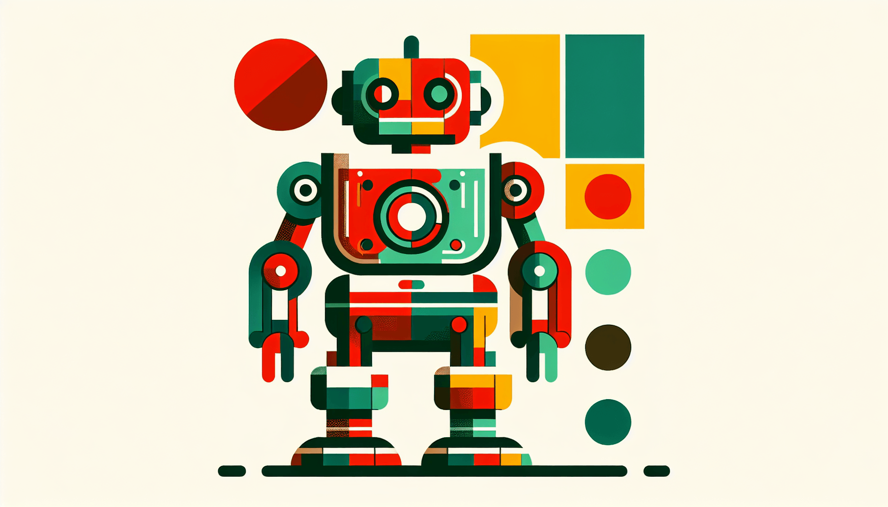 Artificial intelligence -> Robot in flat illustration style and white background, red #f47574, green #88c7a8, yellow #fcc44b, and blue #645bc8 colors.