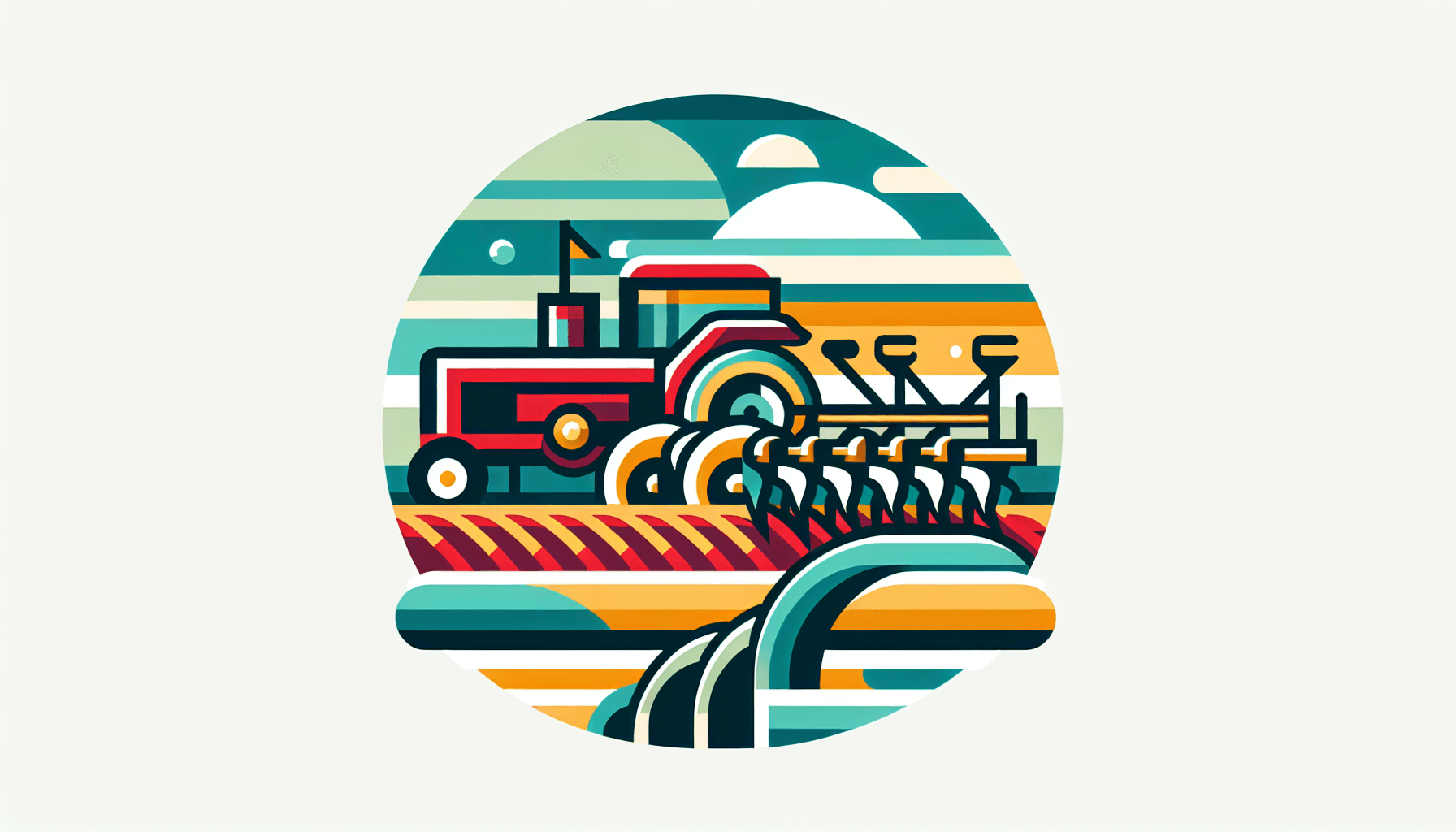 Agriculture -> Plow in flat illustration style and white background, red #f47574, green #88c7a8, yellow #fcc44b, and blue #645bc8 colors.