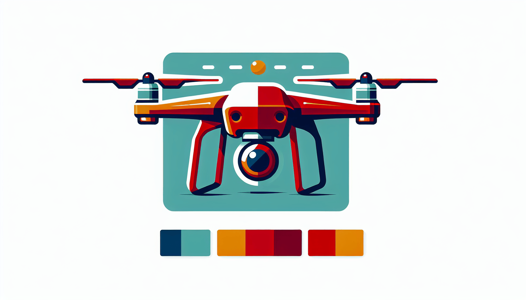 Drone services -> Flying camera in flat illustration style and white background, red #f47574, green #88c7a8, yellow #fcc44b, and blue #645bc8 colors.