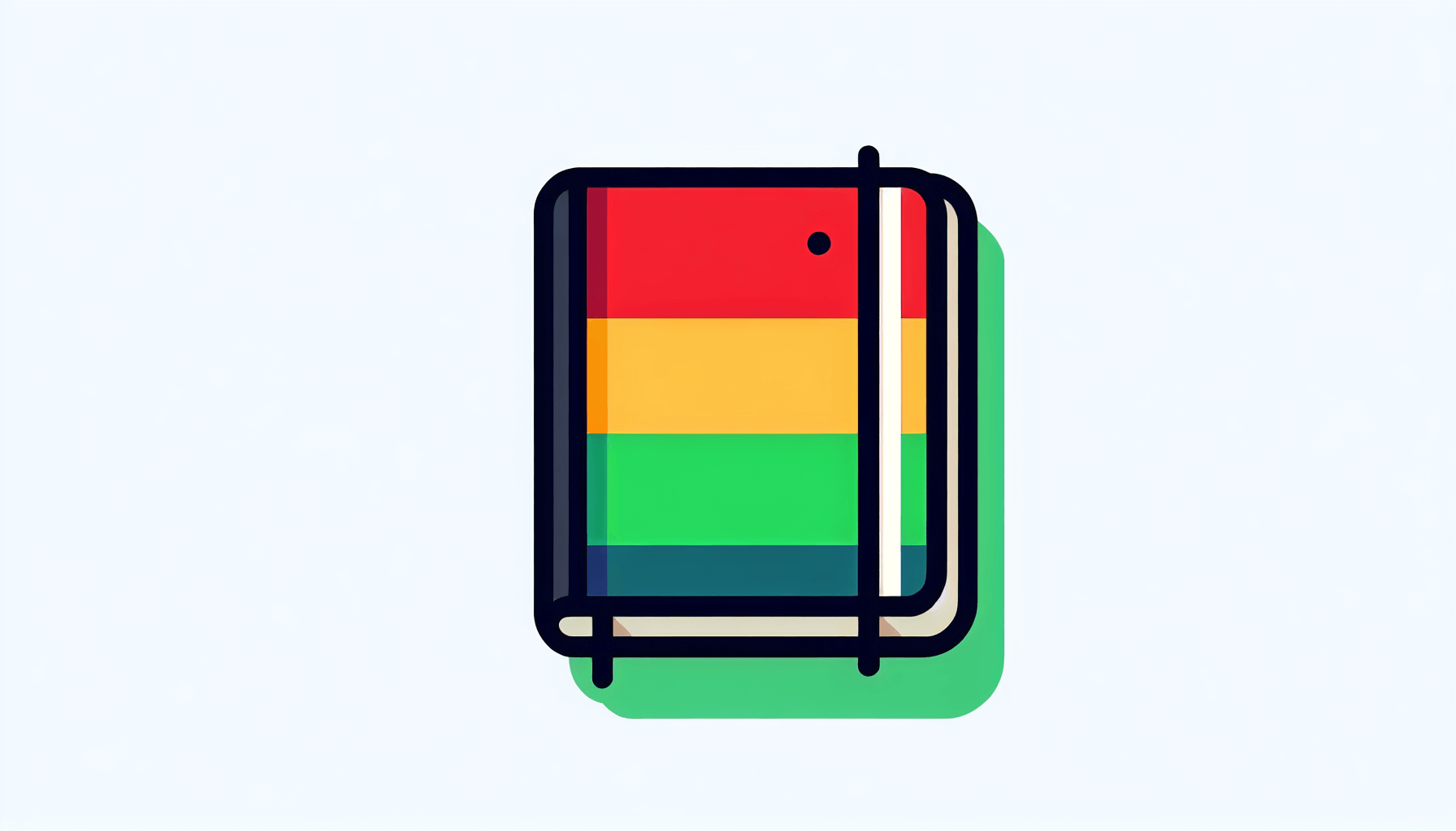 Blogging -> Notebook in flat illustration style and white background, red #f47574, green #88c7a8, yellow #fcc44b, and blue #645bc8 colors.