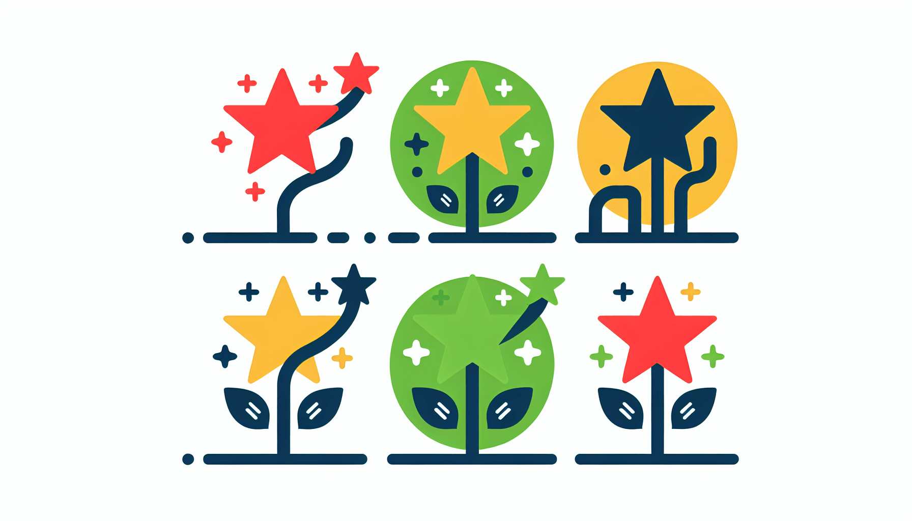 Successful small businesses -> Rising stars in flat illustration style and white background, red #f47574, green #88c7a8, yellow #fcc44b, and blue #645bc8 colors.